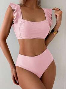 Conjunto de traje de baño para mujer, conjunto de unicolor con escote cuadrado tipo bandeau, tirantes con volantes - Rosa - Ver 5