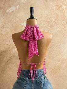 Blusa de mujer con encaje bordado, escote halter, espalda descubierta, tirantes con lazo, bajo fluido y elegante, adecuada para la playa, cruceros y resorts - Rosa Fucsia - Ver 6