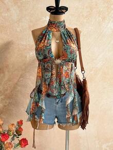 Blusa de mujer con encaje bordado, escote halter, espalda descubierta, tirantes con lazo, bajo fluido y elegante, adecuada para la playa, cruceros y resorts - Multicolor - Ver 9