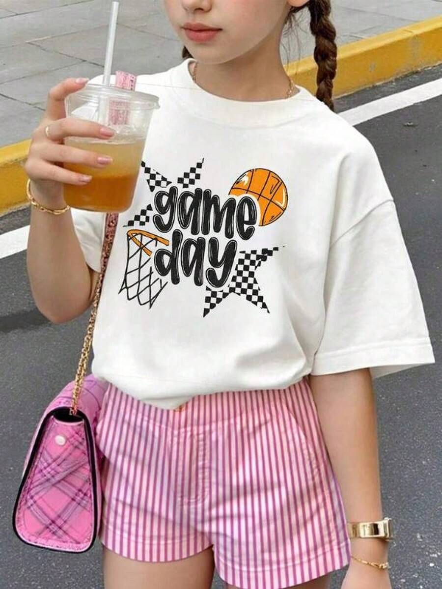 Short-Sleeved T-Shirt With Round Neck, Black Print, Casual, For Girls And Teenage Students, Summer, Pure Cotton, Soft On The Skin, Basic Style, Short Sleeve And Loose Fit For Women, Ideal For Urban Fashion, School Life, Holiday Travel, Meetings, Parties And Casual Daily Wear. - 白色 - 查看 1
