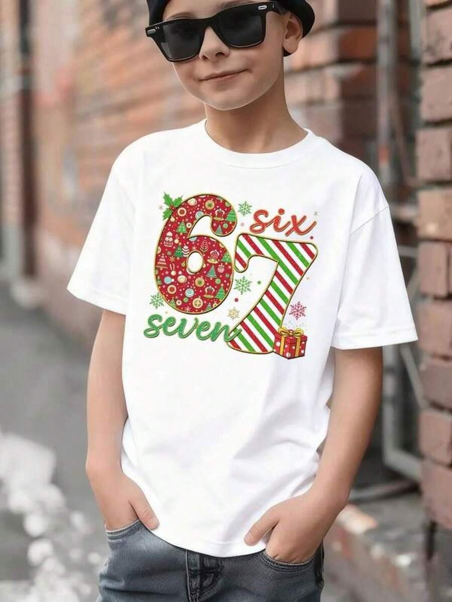 Camisetas gráficas 100% algodón con el meme del número 67 de un niño, adornos navideños y rayas de bastón de caramelo, ropa de otoño para niños con el número 67 para el Día de Acción de Gracias y Navidad, camiseta divertida para parejas con el número 67, sudadera con capucha 67, camiseta navideña 67, camisetas negras con estampado de letras y cuello redondo, lavables a máquina, regalo perfecto para el Día de Acción de Gracias, Navidad y fiestas de día de juego, camiseta de dibujos animados para niños pequeños, ropa para adolescentes, festiva, navideña, divertida, ropa suave y transpirable para niños. 3T-13T - Blanco - Ver 1