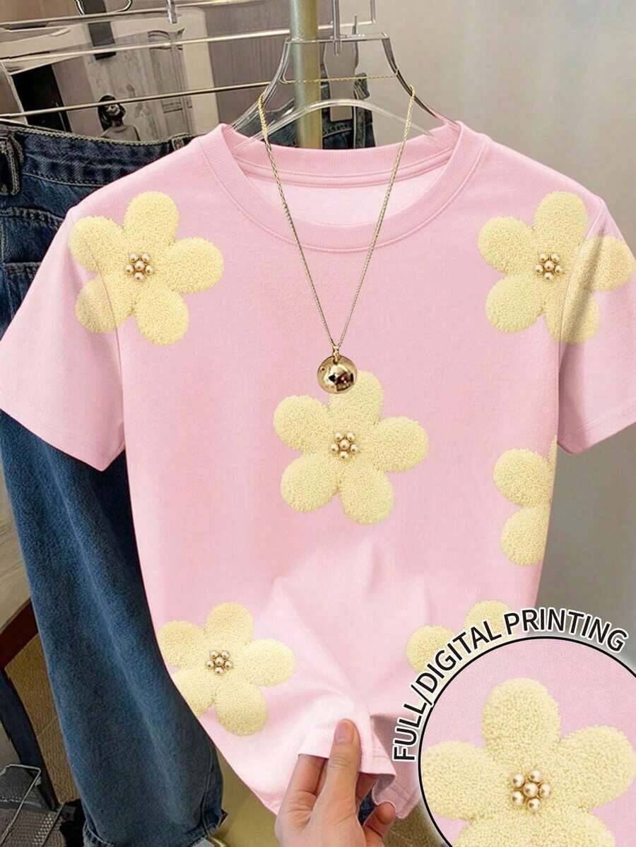 Camiseta casual de mujer con estampado todo sobre, linda y elegante para vacaciones, fiestas en la playa, estampado floral Y2K, moda callejera, vuelta al colegio, ocio festivo - Multicolor 8 - Ver 1