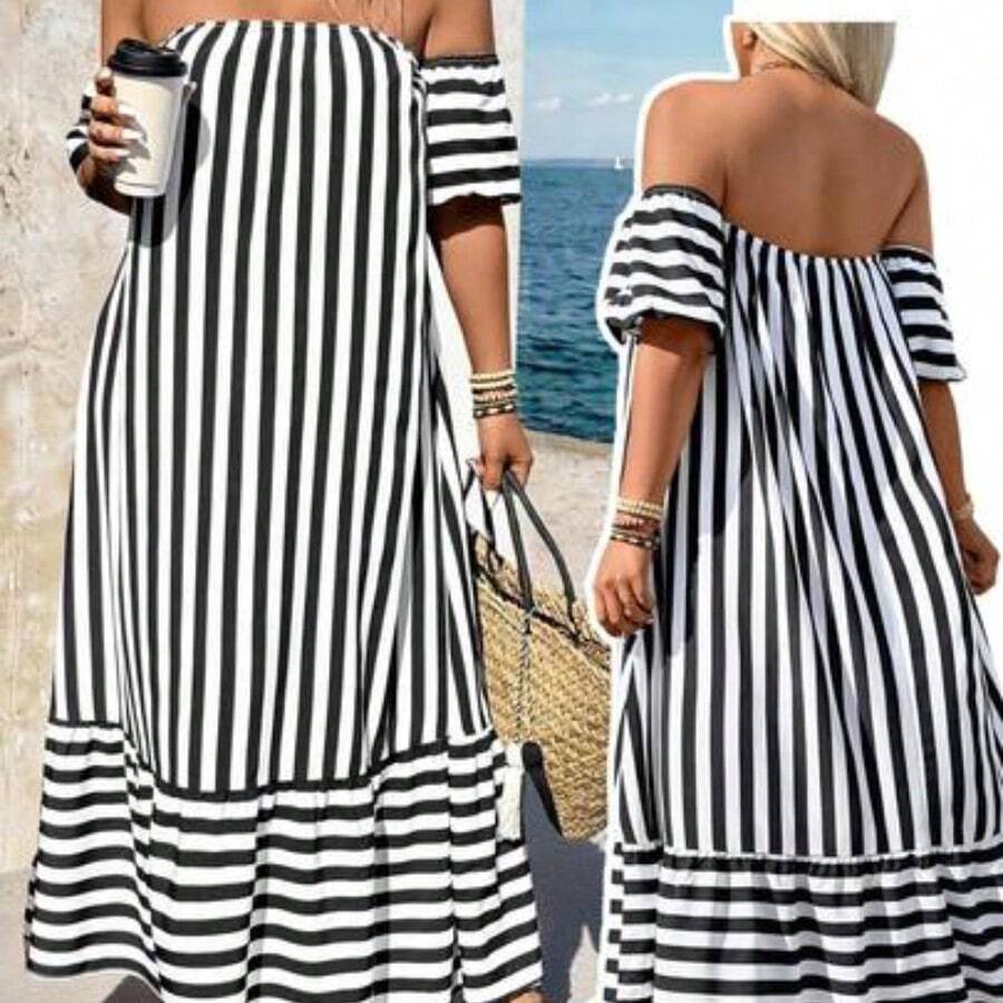 Holidaya Plus Size Summer Casual Striped Off-Shoulder Ruffle Hem Dress - Blanco y Negro - Ver 1