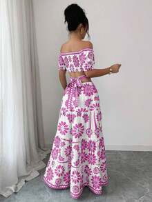 de moda con estampado floral, hombros descubiertos, manga corta y cintura hueca - Morado - Ver 2