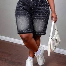 Plus Size Women's Fashionable Washed Rhinestone Denim Shorts, Summer - Multicolor - Ver 5