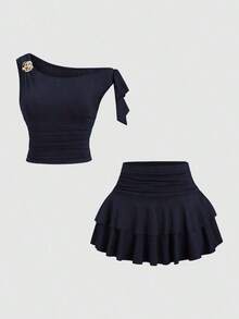 Conjunto de top de tirantes y minifalda plisada y con decoración de flores metálicas para mujer, ideal para el verano - Azul marino - Ver 9