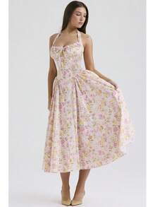 Women Maxi Dresses - Pink Floral Print - View 3