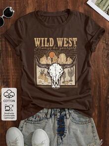 Camiseta de manga corta de cuello redondo informal con estampado de vaca de algodón estilo oeste salvaje para mujer - Café integral - Ver 1