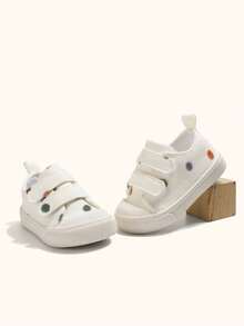 1 Pair Toddler Boys & Girls Beige Vintage Polka Dot Print Canvas Sneakers, Double Hook & Loop Design, Round Toe Soft Sole, Comfortable Lightweight Casual Baby Shoes Suitable For Daily Outdoor Activities, Walking, School Outfits, Back To School Season - White - View 5