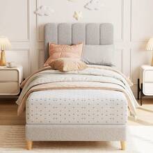 Cama plataforma tapizada para niñas - Cabecera de terciopelo rosa - Listones de madera resistentes - Diseño silencioso, fácil montaje, sin somier - GRIS TWIN-XL - Ver 4