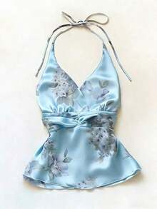 Blusa elegante y romántica con patrón floral retro, decorada con diamante de imitación, de cuello halter y corte evasé para mujeres - Azul - Ver 5