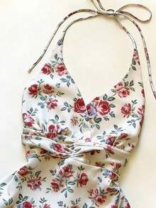 Blusa Elegante y Romántica  con Diseño Floral Retro y Decoración de Pedrería, Cuello Halter y Corte en A para Mujer - Multicolor - Ver 3