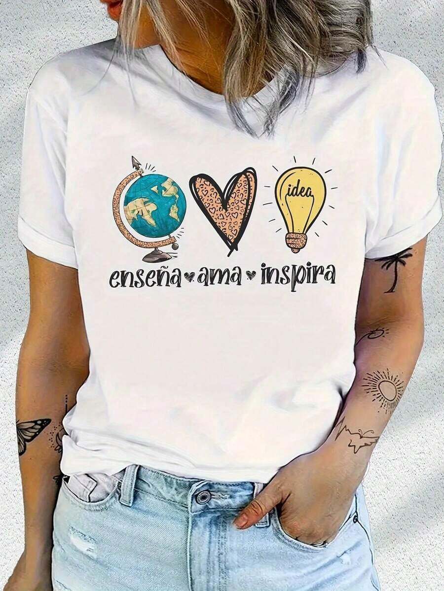 Pretty Blouses Cotton T-Shirt With "Teach Love Inspire" Print Casual Fashion For Women 100% Cotton Blouses For Women Casual - 白色的 - 查看 1