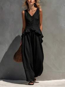 New Linen Set For Spring-Summer, Casual And Office Style, Button-Front Vest With V-Neck, Flattering Design, Perfect For Daytime Looks And Seasonal Transitions - Black - View 5