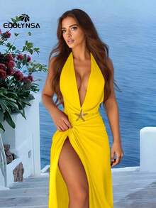 Traje de baño de una pieza con decoración de estrella de mar y falda pareo con abertura alta, diseño elegante para mujeres, adecuado para vacaciones de verano en la playa, color blanco - Amarillo - Ver 3