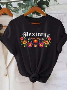 Gift Mexican Floral Print T-Shirt - Short Sleeve, Crew Neck, Casual Top, Vibrant Colors, Machine Washable, Comfortable Fit For All Seasons, Mexican T-Shirt, Spring Outfit, Festive Fashion, Durable Fabric, 1 Piece Winter Clothing, Unisex For Women And Men, Soft - 黑色 - 查看 1