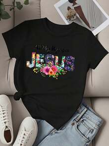 Camiseta de Cuello Redondo para Mujer con Estampado Floral "Toda Mi Esperanza Está en Jesús", Manga Corta, Ropa Casual de Fe Cristiana para la Vida Diaria, Eventos de Iglesia y Reuniones Religiosas - Negro - Ver 2