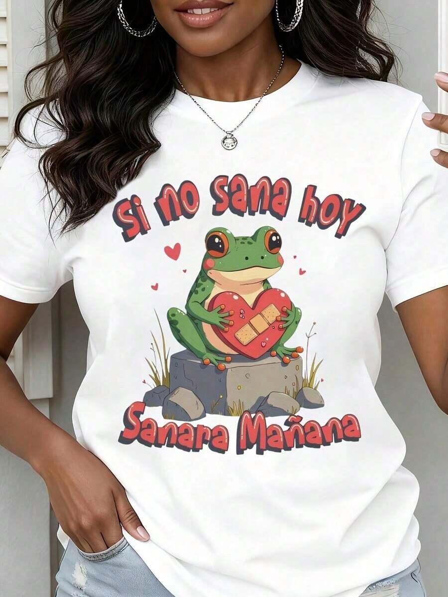 Women's Crew Neck T-Shirt With Frog Holding A Heart With Bandage Print, "If It Doesn't Heal Today It Will Heal Tomorrow", Short Sleeve, Casual, For Everyday Wear - 白色 - 查看 1