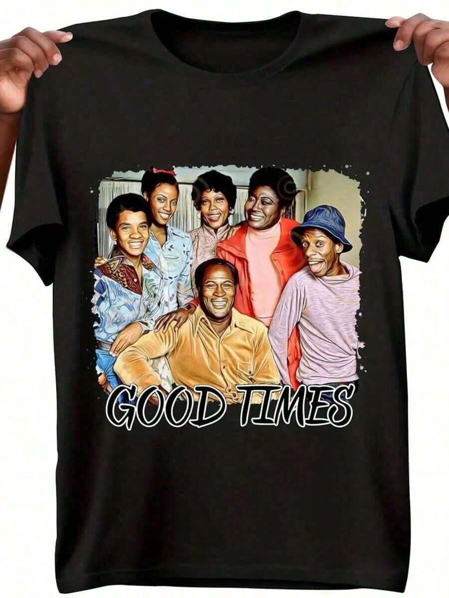 Men's Vintage Good Times Graphic T-Shirt, 100% Cotton, Relaxed Fit, Short Sleeve, With Retro TV Show Character Print And Good Times Text - Black, Casual Style, Machine Washable - 黑色 - 查看 1
