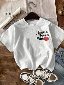 Letter Print T-Shirt, Short Sleeve, Round Neck, Casual Top For Summer And Spring, Women's Clothing Y2k - 白色 - 查看 2