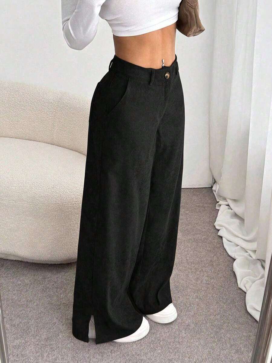Unity Pantalones largos rectos y sueltos con abertura lateral de pana de moda casual para otoño/invierno para mujeres - Negro - Ver 1