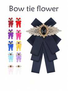 Pajarita clásica y versátil, pajarita con cristales de imitación en estilo universitario, broche de solapa floral unisex para fiestas, días festivos y bodas - Multicolor - Ver 2