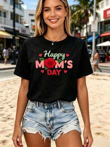 1 Women's T-Shirt With "Happy Mother's Day" Print, Short Sleeves And Round Neck, Casual Style, Loose And Comfortable Fit, Ideal As A Mother's Day Gift, For Everyday Use In Spring/Summer. - 黑色 - 查看 5