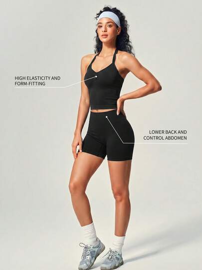 UONNOU 2pcs/Set Seamless Women Sports Set, Camisole Top + High Waist Shorts, High Elasticity Tummy Control Yoga Outfit