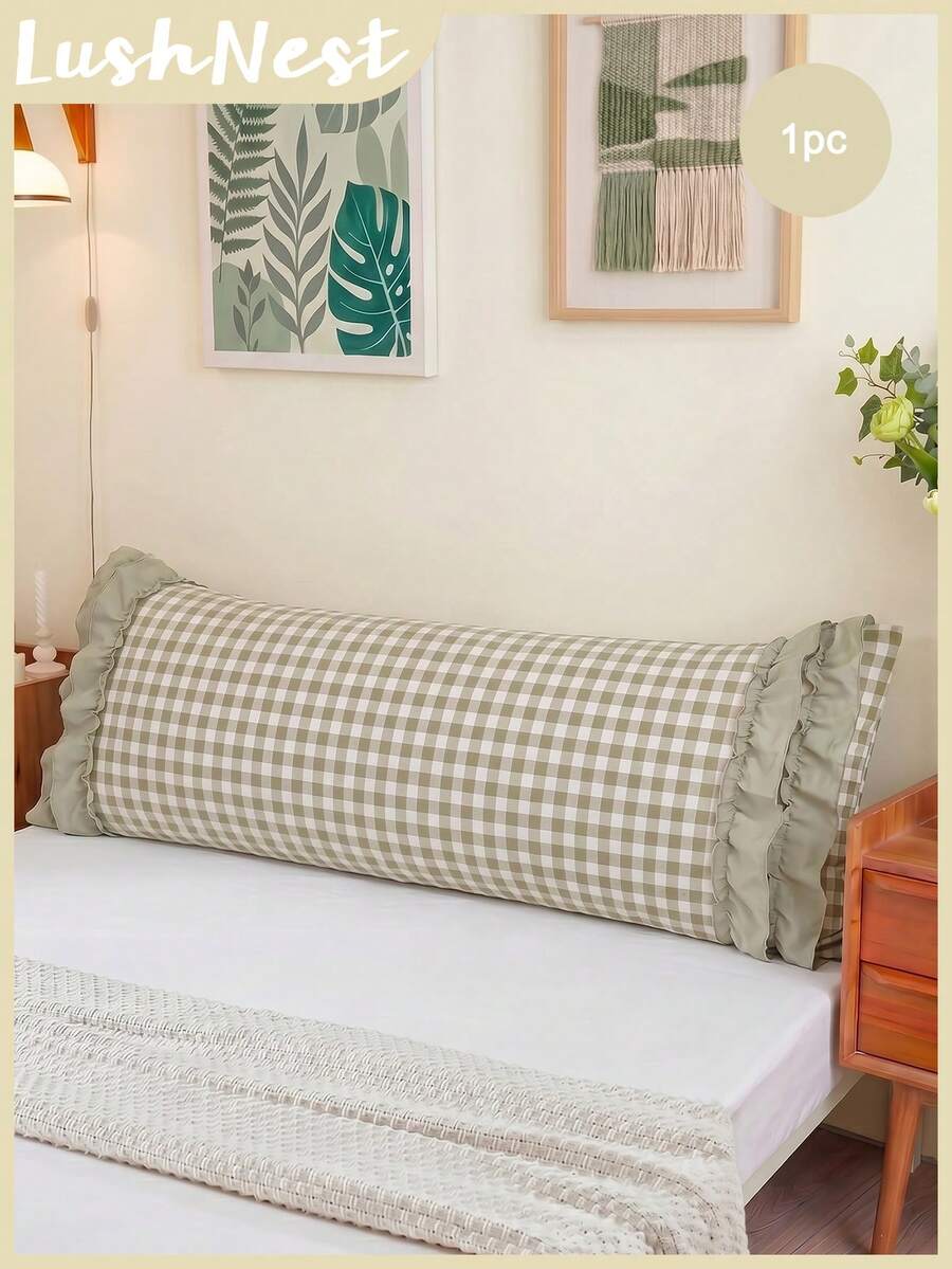 1pc Soft Green Plaid Pattern Long Pillowcase, Made Of Soft And Comfortable Polyester Fabric. Suitable For Bedroom And Living Room, Essential Home Decor For All Seasons, Simple Decoration, Must-Have Home Accessory, Suitable For Spring And Summer Use