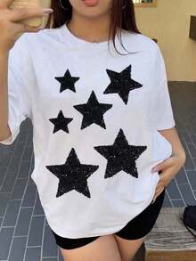 Women's T-Shirt, Oversized White T-Shirt With Sparkling Rhinestone Star Print, Short Sleeve Crew Neck Casual Urban Style T-Shirt, Fashionable Loose Summer Streetwear Top, Comfortable And Lightweight - 白色的 - 查看 7