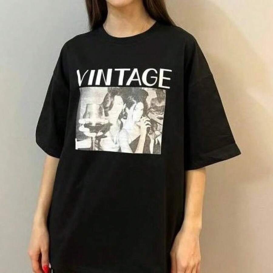 Camiseta de manga corta con cuello redondo y estampado retro americano, estilo europeo y americano, casual y a la moda, de algodón puro para el verano. - Camisa negra de manga corta - Ver 1