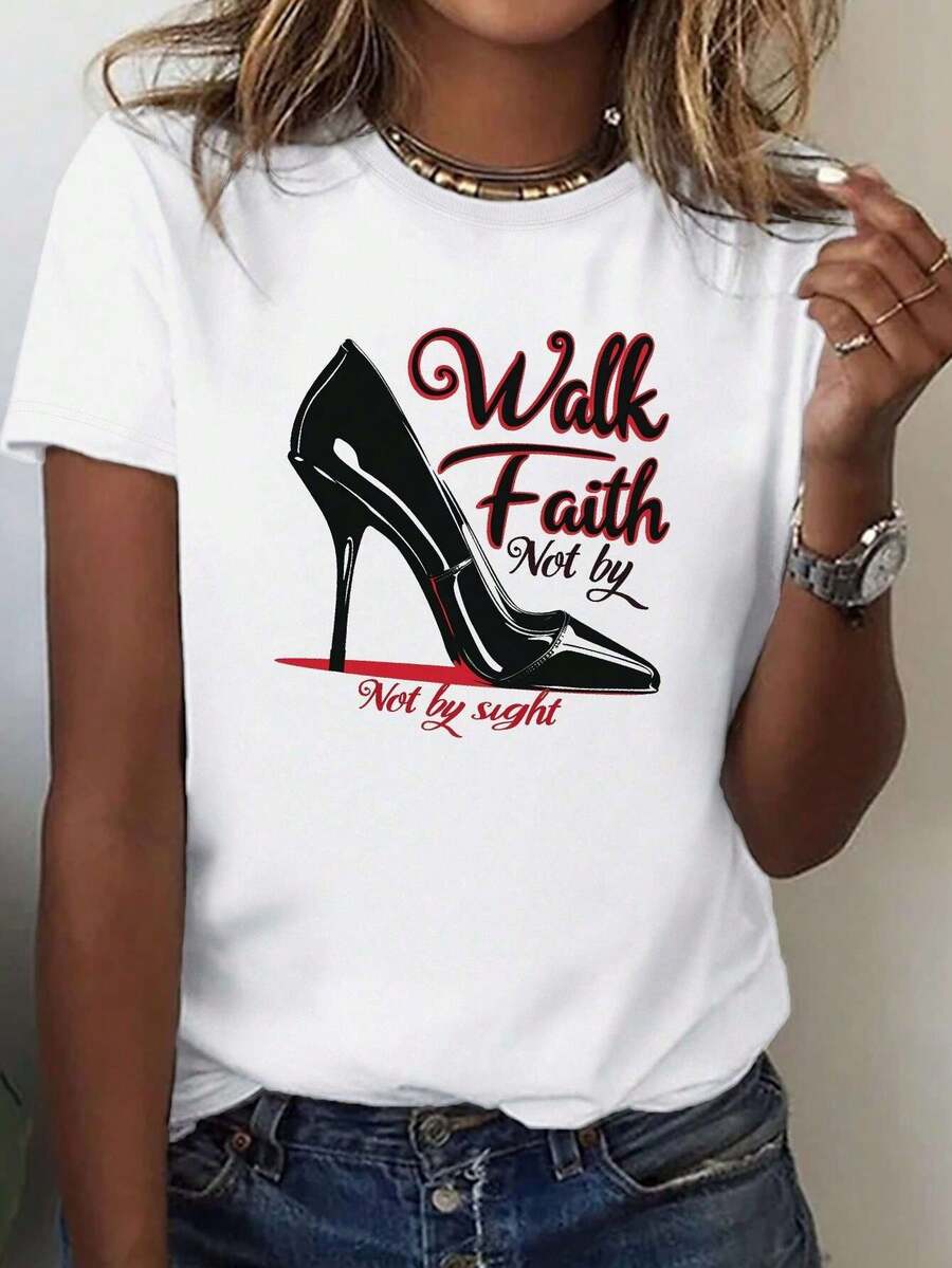 Camiseta de Mujer de Algodón Puro Walk by Faith, Corte Cómodo, Estilo Y2k - Blanco - Ver 1