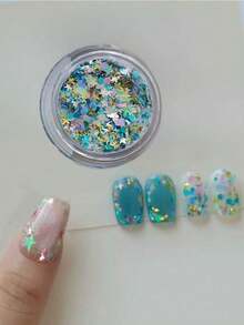 1 Caja de Brillos de Uñas Holográficos con Estrellas, con una base de turquesa azul con pentagramas dorados y lentejuelas redondas, efecto iridiscente y brillante, diseño versátil adecuado para uñas de acento, degradado o cobertura total de la uña, fácil aplicación para principiantes para crear vibraciones oceánicas soñadoras, adecuado para uso diario y ocasiones - Multicolor - Ver 3