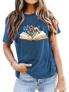 Camisetasparaamantesdeloslibros,paraprofesores,divertidasfloressilvestres,paralectura,gráficos,casual,regaloparaprofesores - Azul - Ver 2