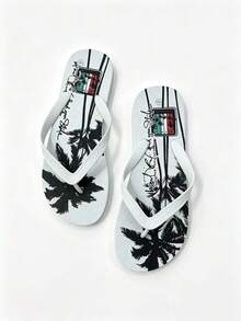 Men's Fashion Slippers With Coconut Tree & Letter Design, Casual Flip Flops For Beach, Party, Home & Outdoor, Summer - White a - View 12