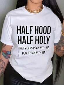 Short Sleeve, Plus Size, Casual Chic Style - Women's Relaxed Fit T-Shirt With Slogan Print, Short Sleeve, Round Neck, Medium Elasticity, With Soft And Comfortable Fabric To Wear, Casual Print. - 白色 - 查看 1