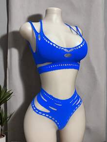 New Style Hot Women Breastless Crotchless Sexy Lingerie Erotic Babydoll Tights Open Bra Porn Desire Underwear - 藍色 - 查看 2