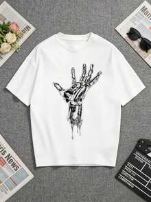 White T-Shirt With A Striking Metallic Handprint. Perfect For Fashion Enthusiasts Seeking A Unique Style. A Short-Sleeved T-Shirt Suitable For Lounging At Home, Everyday Wear, Parties, And Travel-Ideal As A Gift For Friends Or Family. - 白色 - 查看 6