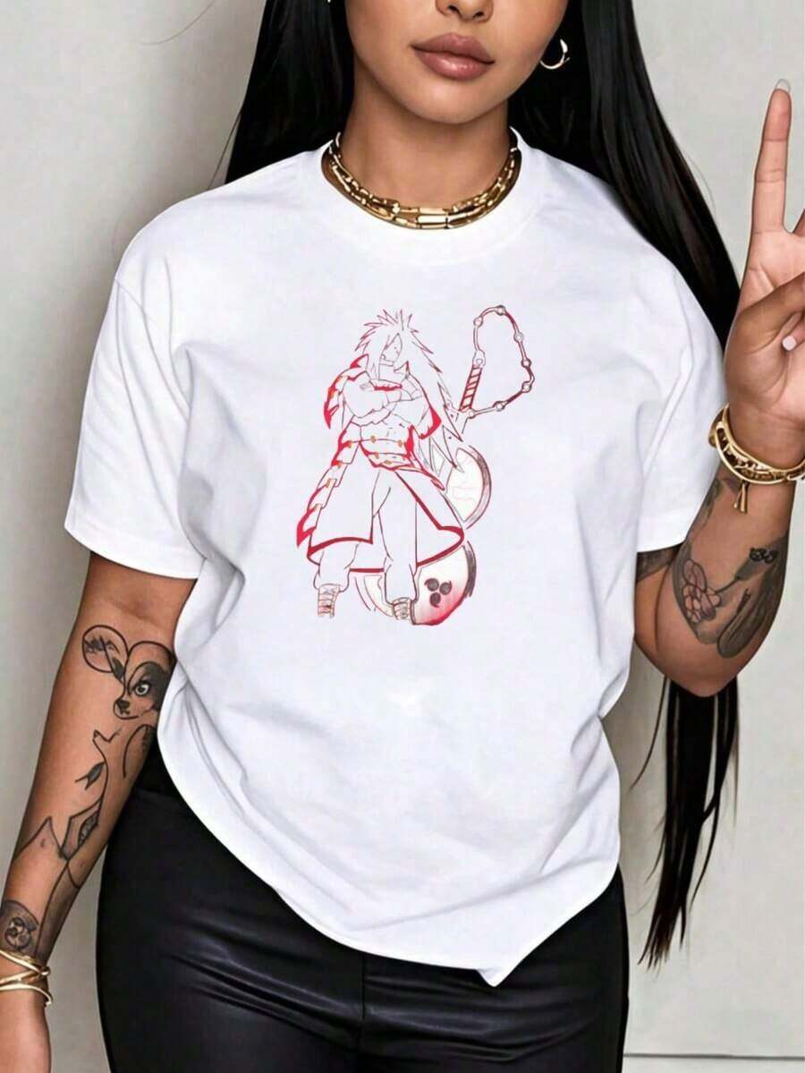 Under The Radar Funny Print Round Neck Anime Character Graphic T-Shirt For Women, Black Cotton, Short Sleeve, Casual Style, With Red And White Design, Manga Style Figure Holding Chains And Skull Motif, Modern Urban Style, Unisex, Suitable For Holiday Gifts - Unisex Vintage Urban Style T-Shirt, Loose Fit, Cotton, Short Sleeve And Round Neck. - 白色 - 查看 1