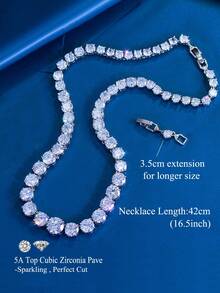 1pc Very Shiny Round Cut Cubic Zirconia Tennis Chain Necklace For Women, Engagement, Wedding, Evening Party Jewelry Accessories - White - View 7
