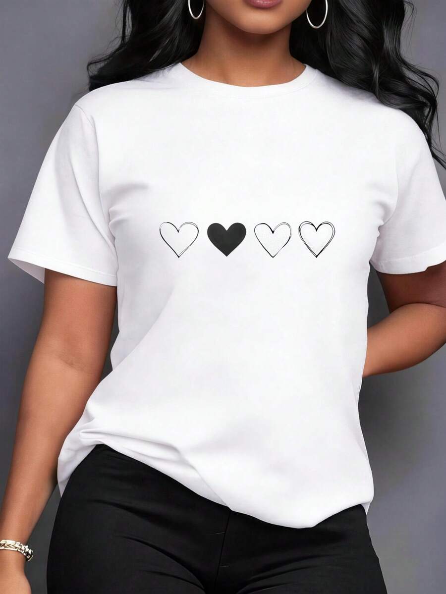 Camisetas de Mujer 100% Cuello Redondo con Estampado de Corazones, para Pesca y Aire Libre, Lavables a Máquina | Top de Moda para Mujer | Camiseta de Verano para Mujer, Estilo Vintage Urbano, Unisex, Holgada, de Algodón, Manga Corta, Cuello Redondo - Blanco - Ver 1