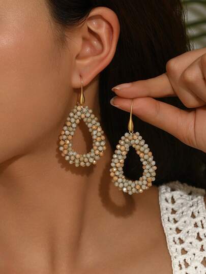 1 Pair Handmade Bohemian Style Crystal Beaded Water Drop Earrings, Vintage Elegant Personality Fashion Design High-End Geometric Earrings Suitable For Women's Daily And Party Wear (Handmade Beads Quantity, Color And Position Are Random)