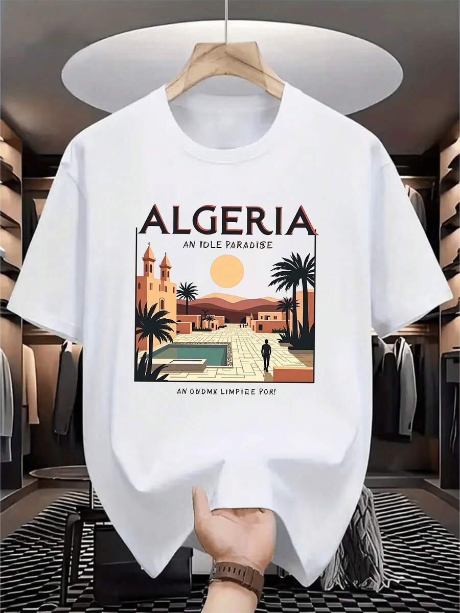 Camiseta de Hombre con Estampado Argelino - Estilo Vintage, Suave y Transpirable, Adecuada para Ocio y Deportes al Aire Libre, Diseño de Estampado Atractivo, Camiseta de Verano de Manga Corta con Cuello Redondo, Camiseta Vintage. - Blanco - Ver 1