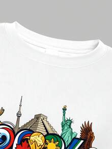 Custom Short-Sleeved Youth T-Shirt For The 2026 World Cup, Featuring Cultural Elements From The Three North American Countries For 2026, A Rainbow Gradient Print With The Number 3 And A Monument Design, Suitable For Cheering On Matches And For Everyday Street Wear. - 白色 - View 4