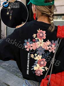 Camiseta de manga corta 100% Y2K para mujer - Estampado de cruz religiosa "Walk By Faith", cuello redondo, corte holgado, blusa adecuada para atuendos de primavera/verano para la iglesia, uso casual y diario - Estilo vintage urbano, camiseta unisex de algodón holgada de manga corta y cuello redondo. - Negro - Ver 12