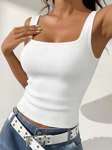 1pc Women's Minimalist Casual Padded Camisole, Fitted Sleeveless Solid Color Square Neck Knit White Top - White - View 3
