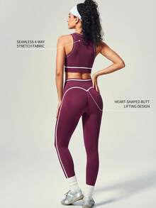 UONNOU Bộ đồ thể thao 2 mảnh không đường may dành cho nữ - Áo ngực thể thao phối màu + Quần yoga cạp cao nâng đỡ, phù hợp cho yoga, thể dục và chạy bộ. - Màu tím - Xem 1