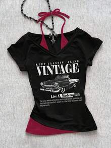 Camiseta de mujer casual de cuello en V retro, con atar, de manga corta y contraste de color, adecuada para el verano - Negro - Ver 9