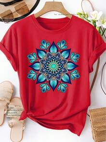 Women's Short Sleeve T-Shirt, Style, Blue-Green Mandala Print, Spring Summer Autumn, Elegant, Versatile, Casual, Sporty, Round Neck, Soft And Comfortable, Sizes S-XXL, New 2026 - 100% Breathable Cotton - 紅色 - 查看 12