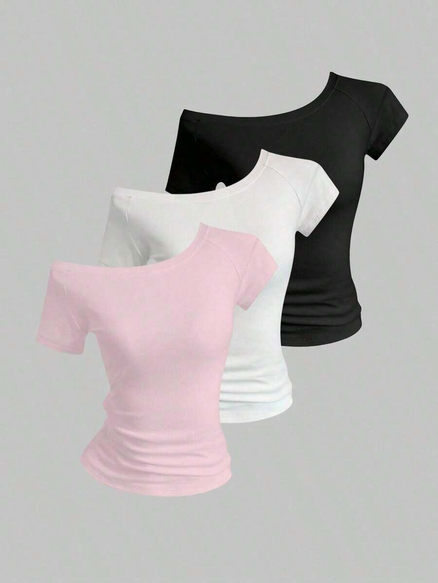 3 piezas Camisetas ajustadas con cuello asimétrico para mujer, tops básicos con cuello asimétrico en negro, blanco, rosa - Multicolor - Ver 1